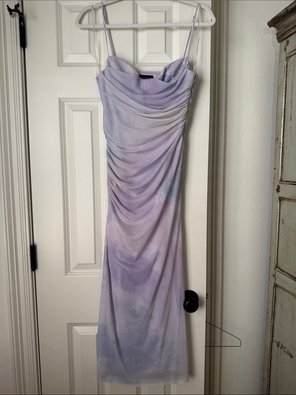 Zara Lavender Tie-Dye Ruched Midi Dress with Spaghetti Straps